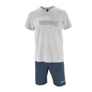 Dressa Home Saturday feliratos V nyakú férfi rövidnadrágos pamut pizsama - szürke